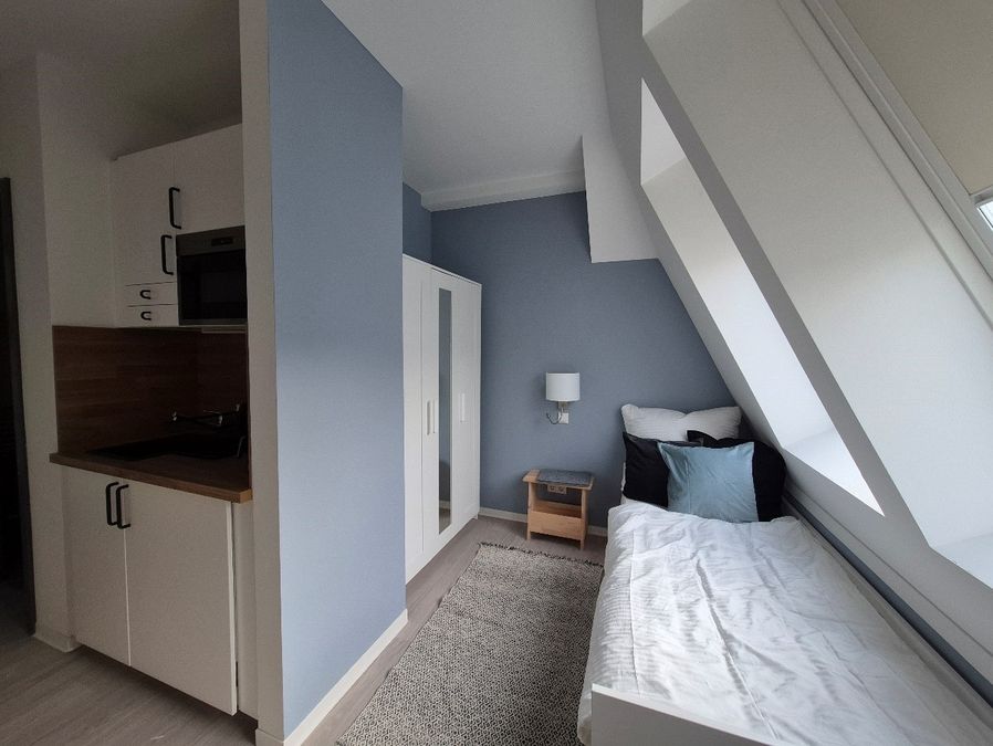 enlarge the image: Functional and cozy apartment with sloped ceilings and large skylights, featuring a bed, a wardrobe, and a small kitchenette. Photo: Thomas Biermann