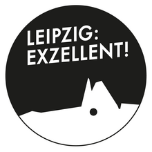 Grafik: Universität Leipzig Grafik: schwarzer kreis mit weißer Silhouette vom Paulinum und weißem Schriftzug "Leipzig: Exzellent".