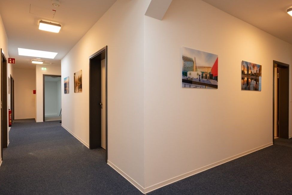 enlarge the image: Hallway with entrance doors to several guest apartments, dark carpet flooring, white walls, and colorful pictures on the wall.